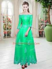 Lovely Floor Length Turquoise Homecoming Dress Off The Shoulder 3 4 Length Sleeve Lace Up