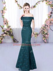 Most Popular Floor Length Peacock Green Court Dresses for Sweet 16 Off The Shoulder Sleeveless Lace Up