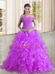 Adorable Purple Lace Up Quinceanera Gown Beading and Lace and Ruffles Sleeveless Sweep Train