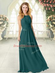 Custom Design Peacock Green Zipper Scoop Ruching Dress for Prom Chiffon Sleeveless