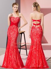 Floor Length Red Prom Dress Lace Sleeveless Beading