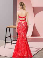 Floor Length Red Prom Dress Lace Sleeveless Beading