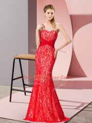Floor Length Red Prom Dress Lace Sleeveless Beading