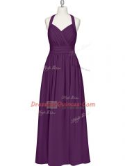 Eggplant Purple Halter Top Zipper Ruching Prom Gown Sleeveless