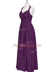 Eggplant Purple Halter Top Zipper Ruching Prom Gown Sleeveless