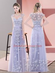 Lavender Tulle Zipper Prom Dresses Cap Sleeves Floor Length Beading and Appliques