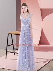 Lavender Tulle Zipper Prom Dresses Cap Sleeves Floor Length Beading and Appliques