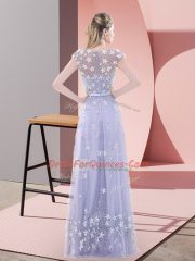 Lavender Tulle Zipper Prom Dresses Cap Sleeves Floor Length Beading and Appliques