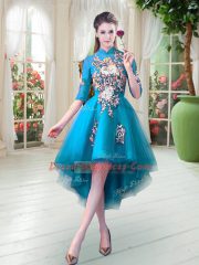 Great Half Sleeves Tulle High Low Zipper Prom Evening Gown in Teal with Appliques