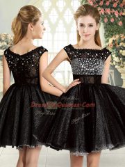 Tulle Square Sleeveless Zipper Beading Prom Gown in Black