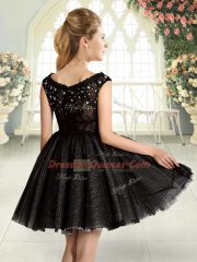 Tulle Square Sleeveless Zipper Beading Prom Gown in Black