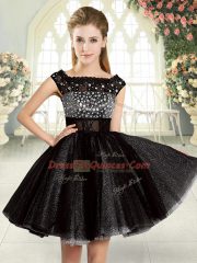 Tulle Square Sleeveless Zipper Beading Prom Gown in Black