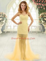 Gold Tulle Zipper Sweetheart Sleeveless Prom Dress Brush Train Beading