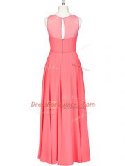 Sweet Floor Length Watermelon Red Evening Dress Chiffon Sleeveless Lace and Belt