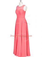 Sweet Floor Length Watermelon Red Evening Dress Chiffon Sleeveless Lace and Belt