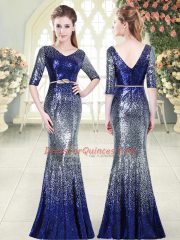 V-neck Half Sleeves Sequined Homecoming Dress Belt Zipper