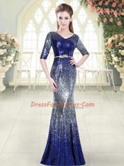 V-neck Half Sleeves Sequined Homecoming Dress Belt Zipper