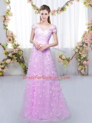 Lilac Cap Sleeves Floor Length Appliques Lace Up Quinceanera Court Dresses