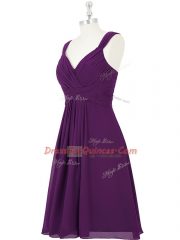 Straps Sleeveless Dress for Prom Mini Length Ruching Purple Chiffon