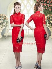 Stunning Red Half Sleeves Tea Length Beading and Lace Zipper
