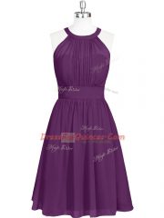 Lovely Purple Chiffon Zipper Halter Top Sleeveless Mini Length Prom Party Dress Ruching