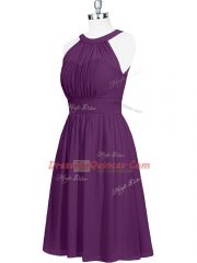 Lovely Purple Chiffon Zipper Halter Top Sleeveless Mini Length Prom Party Dress Ruching
