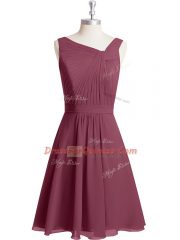 Sleeveless Chiffon Knee Length Zipper Prom Party Dress in Red with Ruching and Belt
