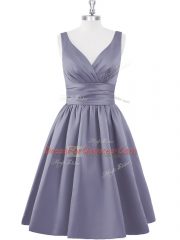 Beautiful A-line Dress for Prom Grey V-neck Satin Sleeveless Knee Length Zipper