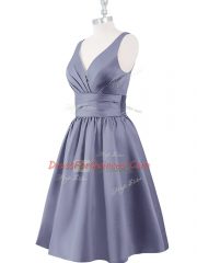 Beautiful A-line Dress for Prom Grey V-neck Satin Sleeveless Knee Length Zipper