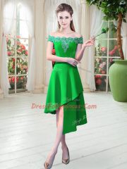 Green Zipper Off The Shoulder Appliques Juniors Party Dress Satin Sleeveless