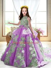 Sleeveless Satin Court Train Backless Little Girl Pageant Dress in Lilac with Appliques