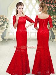 Red Lace Up Prom Evening Gown Beading 3 4 Length Sleeve Floor Length