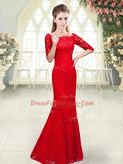 Red Lace Up Prom Evening Gown Beading 3 4 Length Sleeve Floor Length