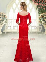 Red Lace Up Prom Evening Gown Beading 3 4 Length Sleeve Floor Length