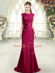 Cap Sleeves Sweep Train Backless Beading and Lace Prom Party Dress