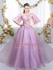 Admirable Lavender Scoop Neckline Appliques Dama Dress for Quinceanera Half Sleeves Zipper