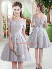 Appliques Homecoming Dress Grey Lace Up Short Sleeves Knee Length