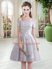 Appliques Homecoming Dress Grey Lace Up Short Sleeves Knee Length