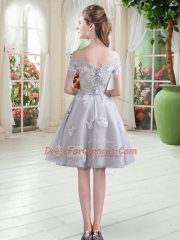 Appliques Homecoming Dress Grey Lace Up Short Sleeves Knee Length