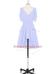 Affordable V-neck Short Sleeves Backless Prom Gown Baby Blue Chiffon