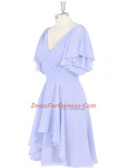 Affordable V-neck Short Sleeves Backless Prom Gown Baby Blue Chiffon