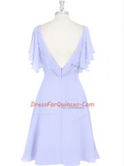 Affordable V-neck Short Sleeves Backless Prom Gown Baby Blue Chiffon