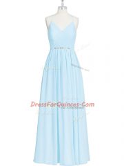 Chiffon Halter Top Sleeveless Zipper Ruching and Pleated Prom Evening Gown in Light Blue