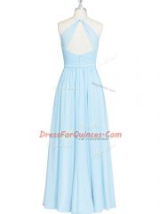 Chiffon Halter Top Sleeveless Zipper Ruching and Pleated Prom Evening Gown in Light Blue
