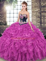 Fuchsia Quinceanera Gowns Military Ball and Sweet 16 and Quinceanera with Embroidery and Ruffles Sweetheart Sleeveless Sweep Train Lace Up