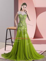 Sleeveless Sweep Train Backless Beading and Appliques Prom Dresses