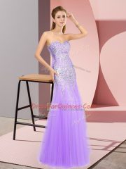 Clearance Floor Length Lavender Womens Party Dresses Tulle Sleeveless Beading