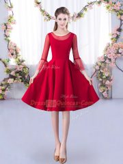 Dramatic Red Satin Zipper Scoop 3 4 Length Sleeve Knee Length Court Dresses for Sweet 16 Ruching