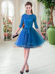 On Sale Blue Half Sleeves Knee Length Lace Zipper Prom Gown