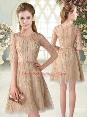 Champagne A-line Scoop Half Sleeves Tulle Mini Length Zipper Sequins Homecoming Dress